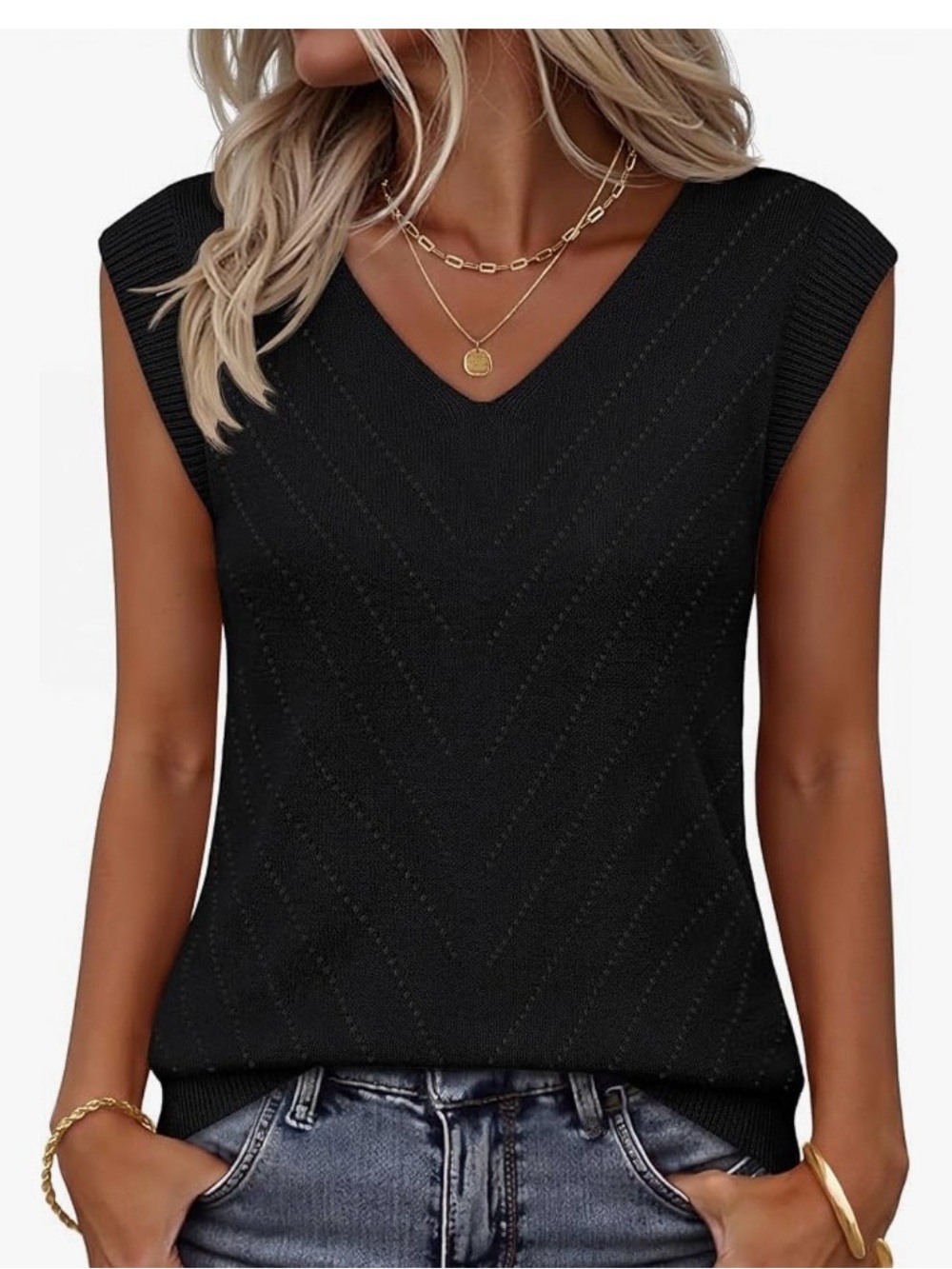 Black V-Neck Sleeveless Knit Tank Top